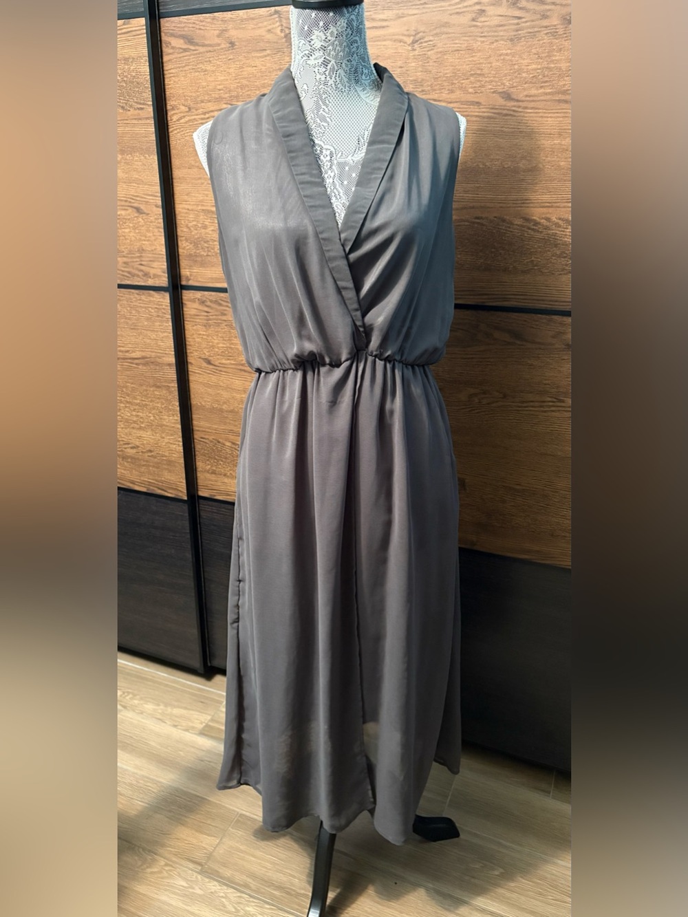Katie Semi-Sheer Gray Wrap Midi Dress - Elegant Everyday Style